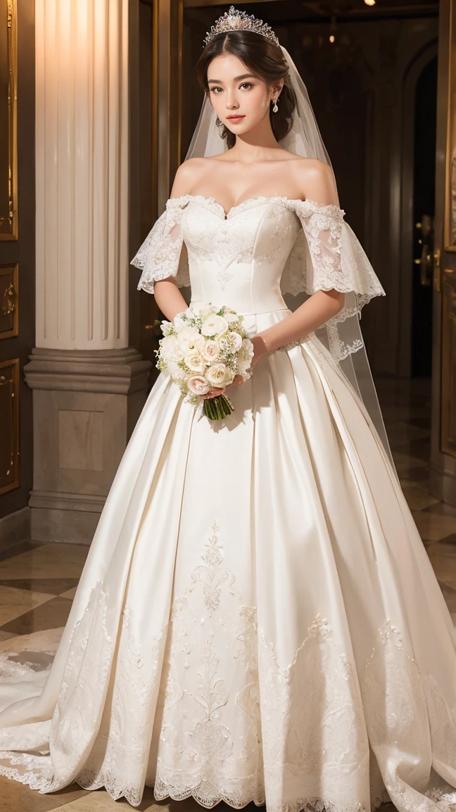 (masterpiece, best quality:1.5), ((Extremely detailed wedding dress)),((Complete wedding dress))(Wedding dress with a one-shoulder neckline and an A-line hem) high resolution, 16K, The most beautiful face in the world, Very detailed and beautiful face and eyes, Glowing skin, Delicate fabric texture, Perfect anatomical structure, rest, (Beauty incarnate:1.3), (Beautiful goddess:1.3), (Beautiful and charming princess:1.3), Perfect makeup, Deeply in love, Full of elegance. (whole body:1.5), (Garment View)