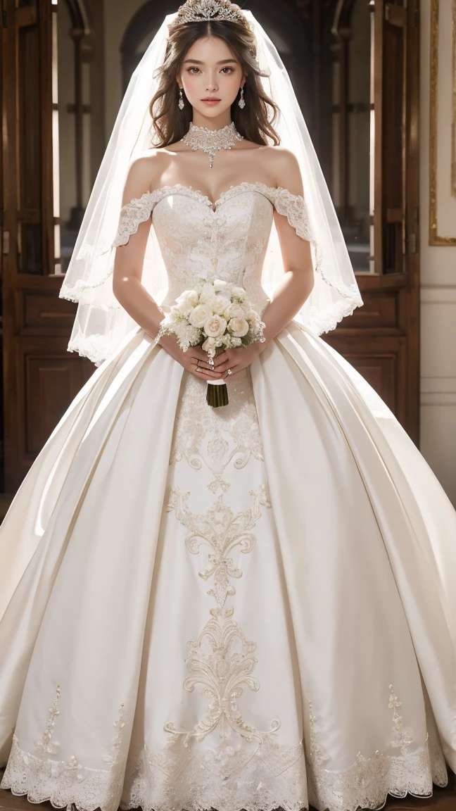 (masterpiece, best quality:1.5), ((Extremely detailed wedding dress)),((Complete wedding dress))(Wedding dress with a one-shoulder neckline and an A-line hem) high resolution, 16K, The most beautiful face in the world, Very detailed and beautiful face and eyes, Glowing skin, Delicate fabric texture, Perfect anatomical structure, rest, (Beauty incarnate:1.3), (Beautiful goddess:1.3), (Beautiful and charming princess:1.3), Perfect makeup, Deeply in love, Full of elegance. (whole body:1.5), (Garment View)
