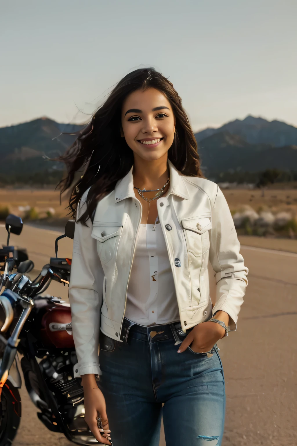 smiling woman in white jacket and jeans standing next to a motorcycle, isabela moner, photo of a female motorcyclist, Leather Clothes, wearing jeans jackets, leather jacket and denim jeans, Portrait Sophie Mudd, Harley Davidson, short shirt with jacket, leather jacket and denim vest, motorcycle, alexandria ocasio - cortez, Leather Clothes
