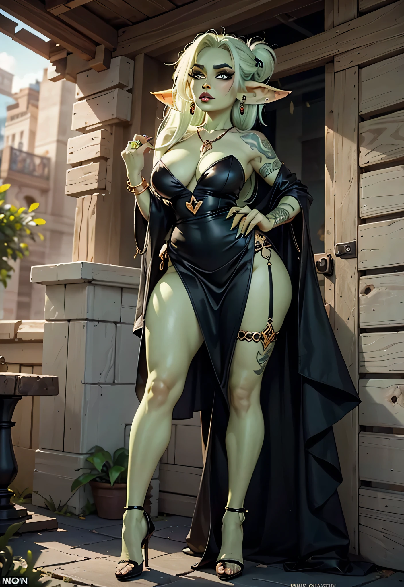 UHD 8k, HDR+, cartoon women with green face and white hair, green skin, goblin girl, DnD character, female goblin portrait, green skin, fantasy goblin Drak, green orc woman, goblin art, D&D goblin rogue, goblin theme, goblin, goblin woman with necklace, big piercing eyes, huge earrings, giant earrings, blonde hair, earrings, lips, eyelashes, tattoo, heavy makeup, piercings, ear piercings, jewelry, gold bracelets on which she holds her hands , tight black gothic dress, black high heels heels, high heels, legs, full color illustration, epic full color illustration, 16k, FHD