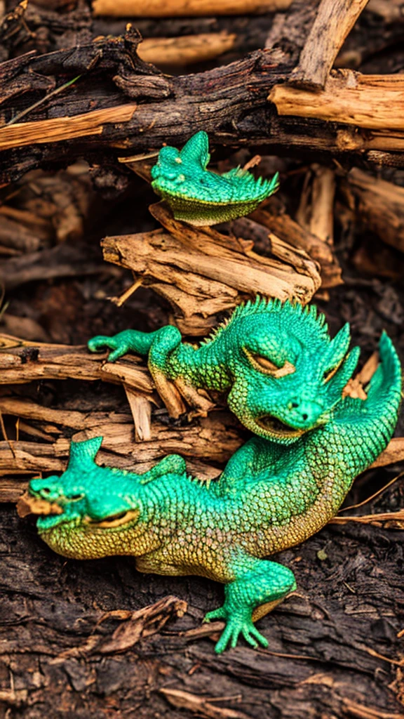 Show a little baby dragon sleeping on a campfire. The dragon is green and surrounded by darkness. Only the logs and the dragon glow