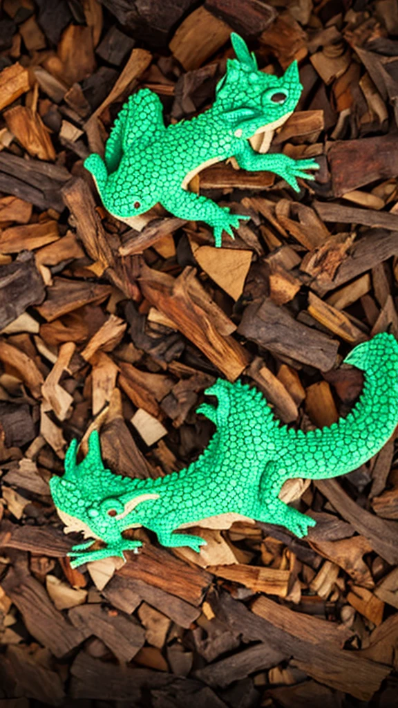 Show a little baby dragon sleeping on a campfire. The dragon is green and surrounded by darkness. Only the logs and the dragon glow