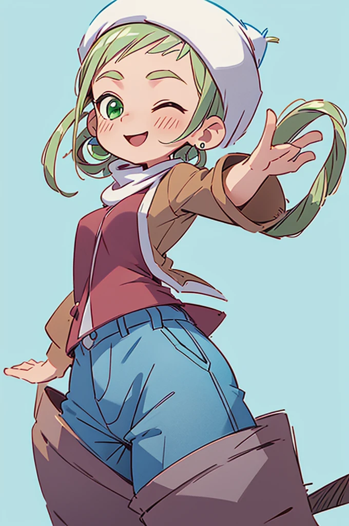 masterpiece, best quality, simple background, Ojamajo Doremi style, ojaskmmkcs, standing, tall, smile, wink, one eye closed, adult, medium breasts, heavy winter brown jacket, gray shirt, blue jean pants, winter hat, green eyes, blush, energetic pose