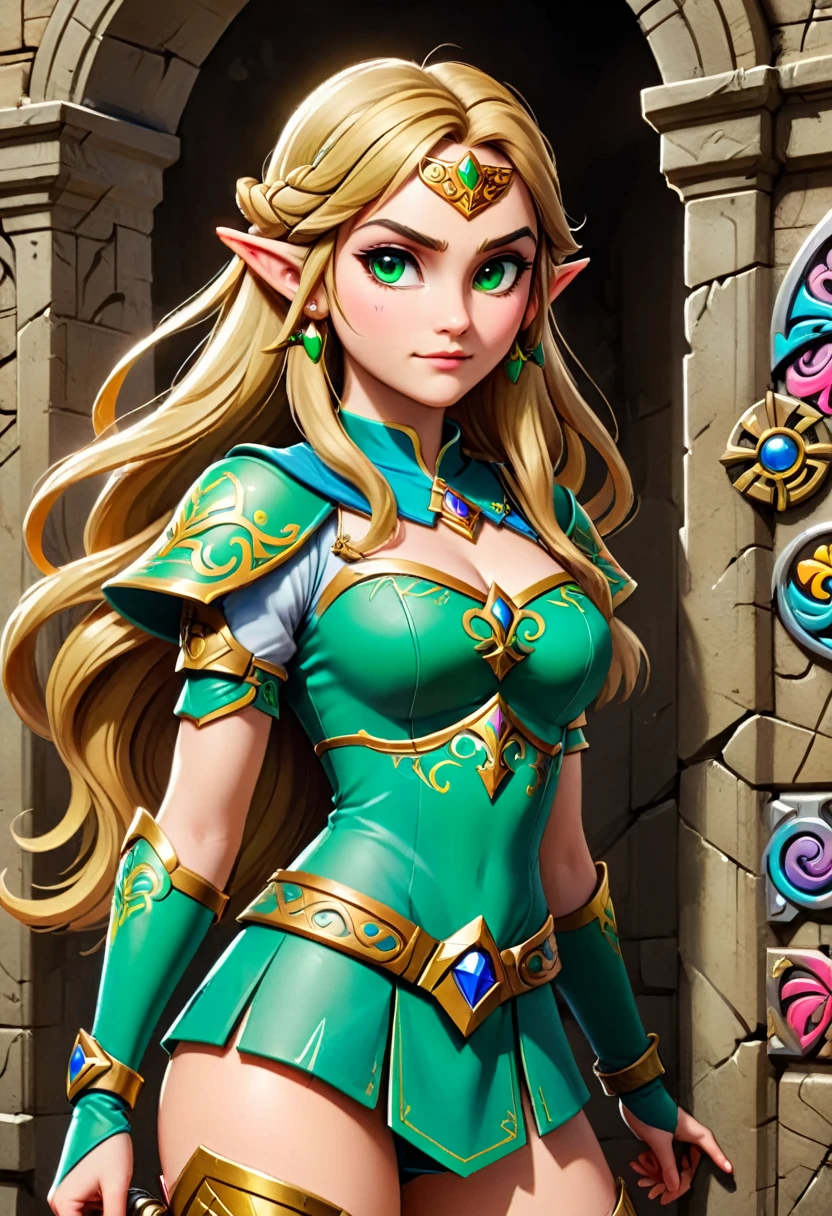 a graffiti painting art on the wall of the castle of  Princess Zelda on the wall of a castle, ,Princess Zelda (intense details, Masterpiece, best quality: 1.5), ultra detailed face, ultra feminine, fair skin, exquisite beauty, gold hair, long hair, wavy hair, small pointed ears, dynamic eyes color, wearing heavy green and white armor, shinning metal, armed with elven sword, ais-graffiti, chumbasket art style