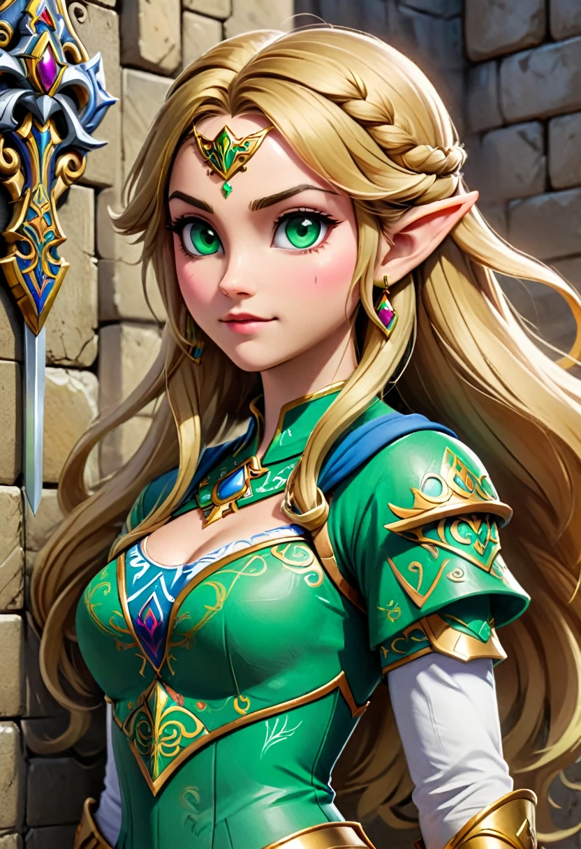 a graffiti painting art on the wall of the castle of  Princess Zelda on the wall of a castle, ,Princess Zelda (intense details, Masterpiece, best quality: 1.5), ultra detailed face, ultra feminine, fair skin, exquisite beauty, gold hair, long hair, wavy hair, small pointed ears, dynamic eyes color, wearing heavy green and white armor, shinning metal, armed with elven sword, ais-graffiti, chumbasket art style