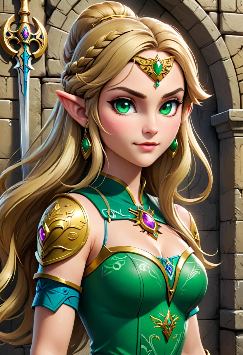 a graffiti painting art on the wall of the castle of  Princess Zelda on the wall of a castle, ,Princess Zelda (intense details, Masterpiece, best quality: 1.5), ultra detailed face, ultra feminine, fair skin, exquisite beauty, gold hair, long hair, wavy hair, small pointed ears, dynamic eyes color, wearing heavy green and white armor, shinning metal, armed with elven sword, ais-graffiti, chumbasket art style