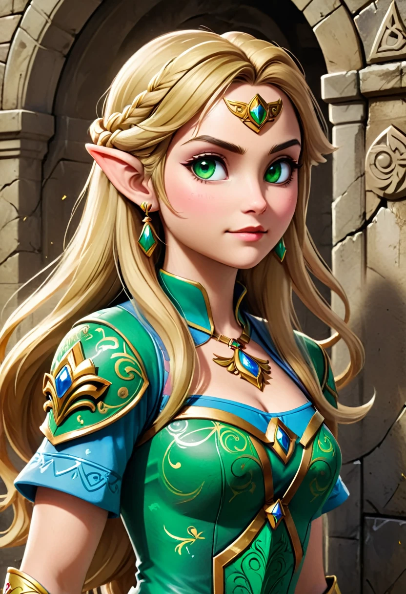 a graffiti painting art on the wall of the castle of  Princess Zelda on the wall of a castle, ,Princess Zelda (intense details, Masterpiece, best quality: 1.5), ultra detailed face, ultra feminine, fair skin, exquisite beauty, gold hair, long hair, wavy hair, small pointed ears, dynamic eyes color, wearing heavy green and white armor, shinning metal, armed with elven sword, ais-graffiti, chumbasket art style