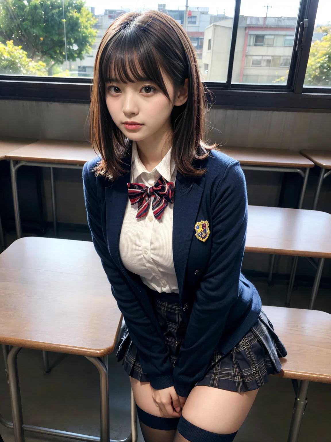 masterpiece, best quality, illustration, Super detailed, fine details, High resolution, 8K,wall paper, perfect dynamic composition,(Details High quality, realistic depiction of eyes:1.3), (2 girls, 2 schoolgirls:1.2), from side, High School Classroom、High school girl uniform、blazer 、Super Short Check Uniform Skirt、Navy blue high socks、garterbelts、Colossal tits、Disturbed uniform, short bob hair, black hair color, huge breasts, Big Natural Color Lip, bold sexy pose, (perfect body shape), crying a little、 Harajuku style、20 year old girl、 beautiful legs, hposing Gravure Idol, Voluptuous thighs