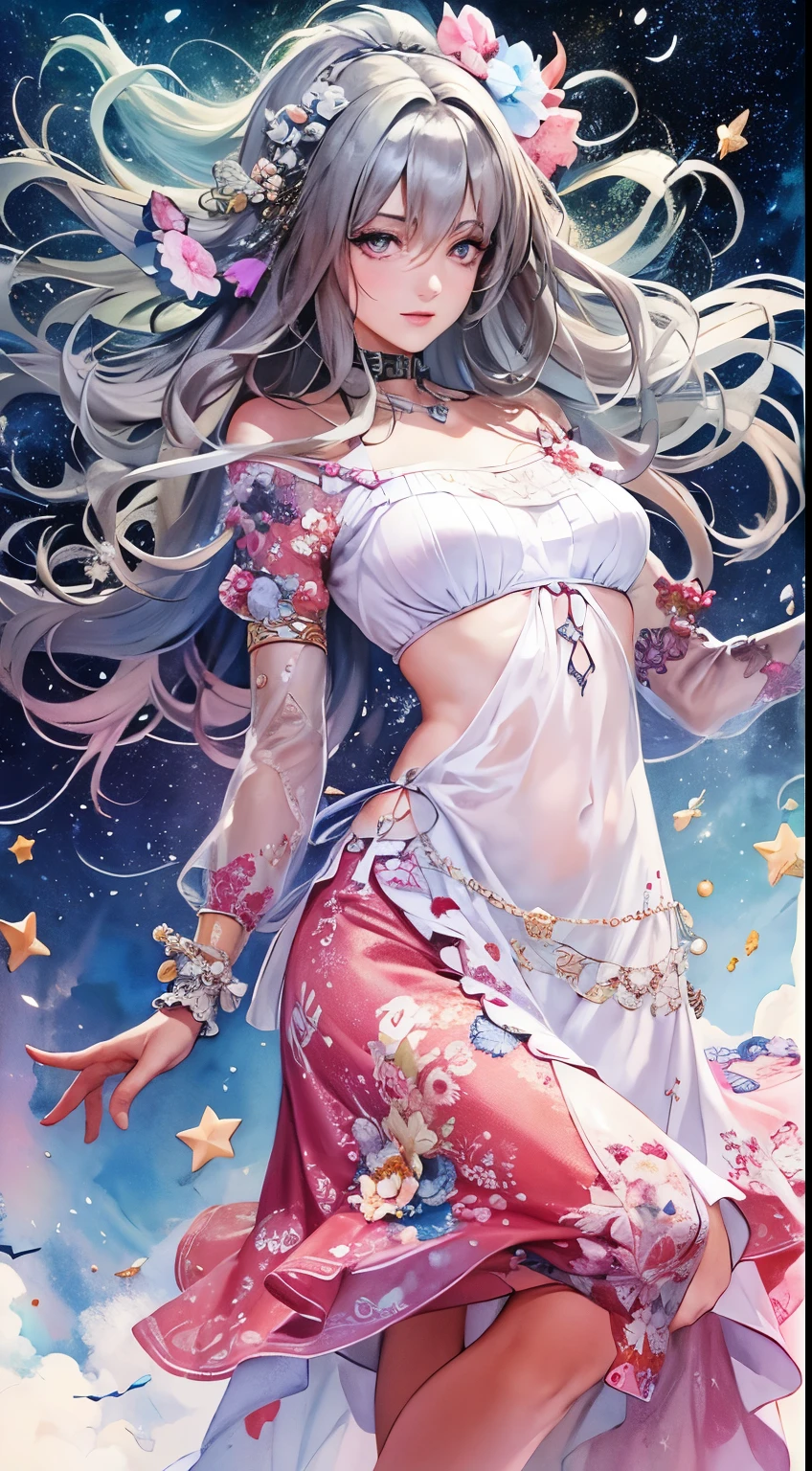 (masterpiece, top quality, best quality,watercolor (medium),official art, beautiful and aesthetic:1.2),(1girl:1.3), (fractal art:1.3), whole body, from 30-degrees angle, looking at viewer, patterns, silky hair ,water, liquid, cloud, short dress, starry, stars, sexy pose, red black and white, pastel colours