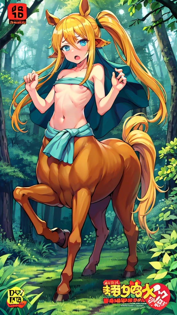 Anime.1 Girl. Cute girl.  Baby. Monster girl. Centaur. Clumsy. Blonde. Long hair. Blue eyes. Beautiful eyes. Perfect eyes. Expressive eyes. Ideal face. 12 years old. Small breasts. Flat chest. Ideal anatomical body. Nude body. The upper half of the body is human. Below the waist - horse. Horse body. Horse legs. Horse tails.  Cold. Runny nose. Snot flows from the nose. Wants to sneeze. I have to sneeze. Violent, desperate desire to sneeze. She is sneezing. Covers his nose with his hands. Jansai handkerchief. Blows his nose. Standing. Standing at full height. Standing in the forest. Standing in the middle of the forest. Beautiful character design. Shiny skin. Full body. nsfw. Scat. Official art. Extremely detailed CG Unity 8k wallpaper. Ideal lighting. Ultra high resolution 4K. Super detailed 8K. A high resolution.