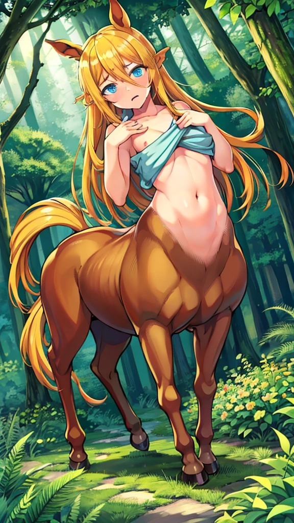 Anime.1 Girl. Cute girl. Baby. Monster girl. Centaur. Clumsy. Blonde. Long hair. Blue eyes. Beautiful eyes. Perfect eyes. Expressive eyes. Ideal face. . Small breasts. Flat chest. Ideal anatomical body. Nude body. The upper half of the body is human. Below the waist - horse. Horse body. Horse legs. Horse tails. Cold. Runny nose. Snot flows from the nose. Wants to sneeze. I have to sneeze. Violent, desperate desire to sneeze. She is sneezing. Covers his nose with his hands. Jansai handkerchief. Blows his nose. Standing. Standing at full height. Standing in the forest. Standing in the middle of the forest. Beautiful character design. Shiny skin. Full body. nsfw. Scat. Official art. Extremely detailed CG Unity 8k wallpaper. Ideal lighting. Ultra high resolution 4K. Super detailed 8K. A high resolution.