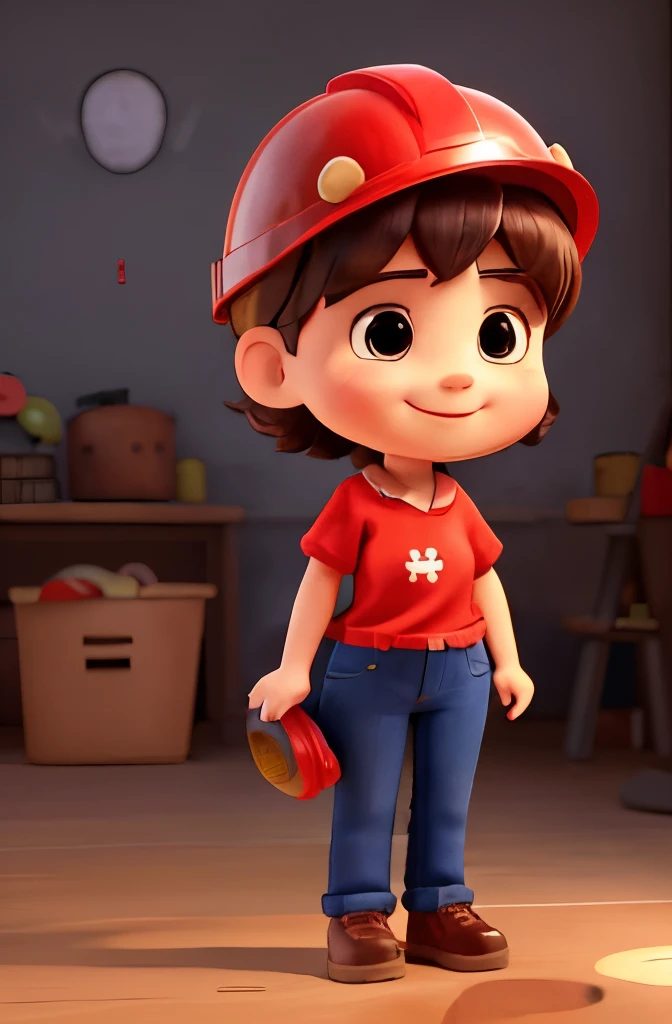 a cute little female factory worker , 45 years, big head, short hair, Oval face，SMILE，fit, high, with a red work helmet ，He wears a red shirt, dark blue jeans and black shoes.，toy figures, Best Quality, 3d cartoon，full body view, Fancy, dreamlike, surrealism, Lovely, trend on Artstation