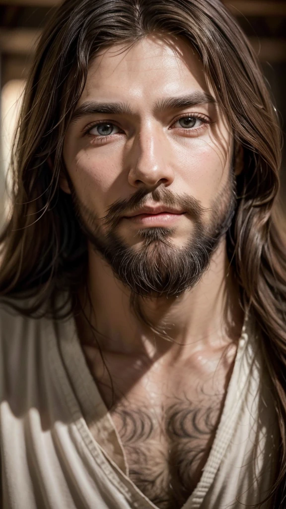 "Generate an image of Jesus in realistic style, .with long brown hair and beard. His eyes are kind and expressive, and he has an aura of peace and wisdom around him. Por favor, ensure the image is high quality and rich in detail, capture the essence of Jesus as a symbol of love and compassion."