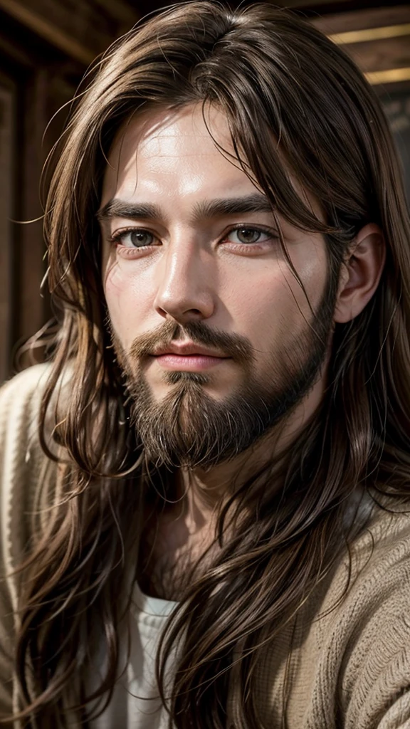 "Generate an image of Jesus in realistic style, .with long brown hair and beard. His eyes are kind and expressive, and he has an aura of peace and wisdom around him. Por favor, ensure the image is high quality and rich in detail, capture the essence of Jesus as a symbol of love and compassion."