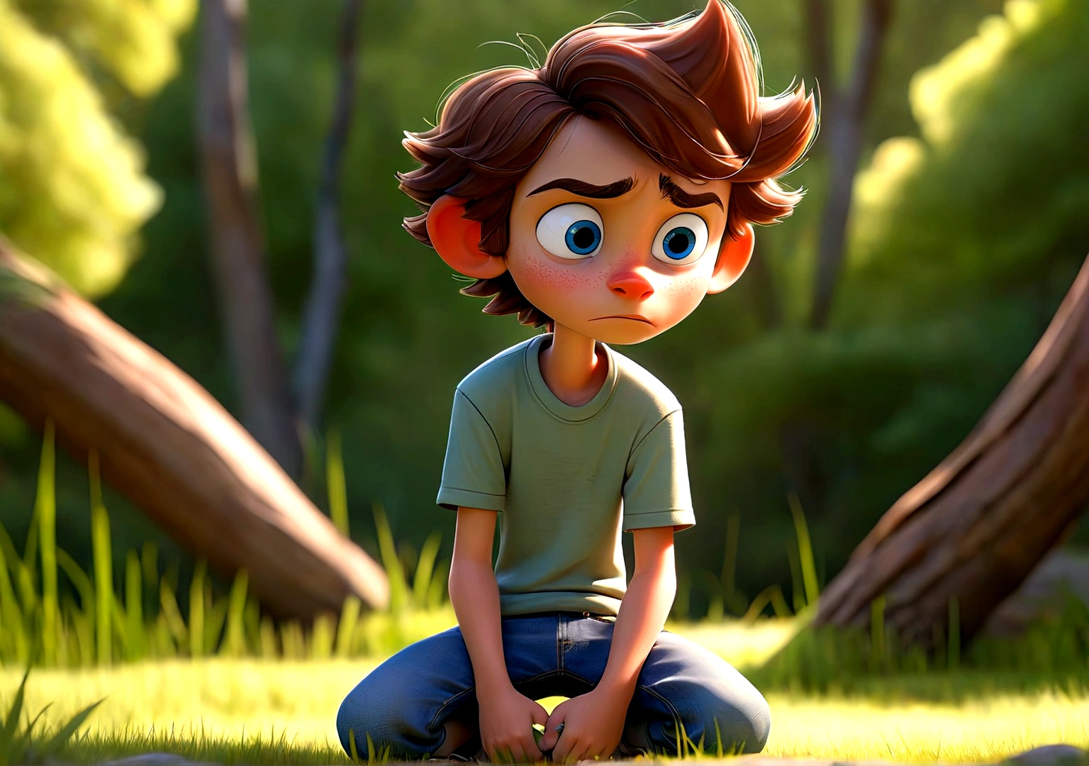 Jack is an eight-year-old boy with tousled brown hair and bright blue eyes. He wears worn-out blue jeans, a bright green t-shirt with and sturdy brown sneakers. Jack is standing outdoors, his face reflecting a sense of realization and relief. His eyes are bright with understanding, and a gentle smile spreads across his lips. His posture is relaxed, with his shoulders down and a slight upward tilt to his head, as if he's looking towards the sky or into the distance, feeling good about his newfound understanding. The background features a peaceful, natural setting with trees, green grass, and a clear blue sky, highlighting the serene and uplifting atmosphere of the moment. Jack's expression and body language convey a deep sense of contentment and positive change.