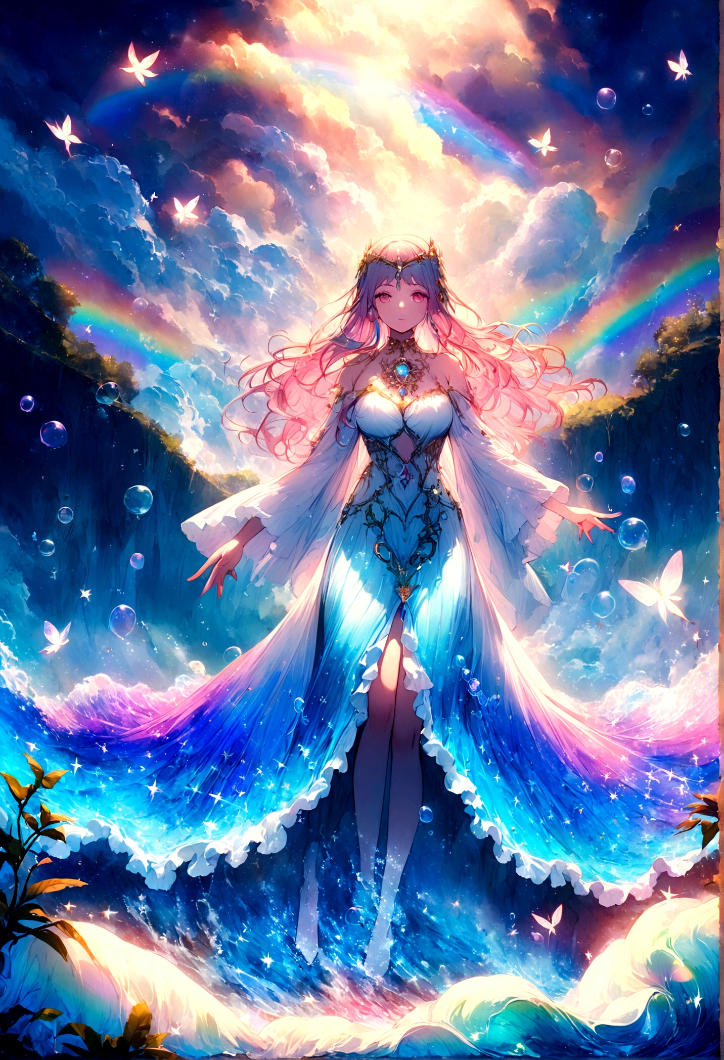 Girl casting a mysterious glowing spell, ((Fantasy rainbow ocean)), Vibrant colors, Ethereal Light, Detailed bubbles, Magical atmosphere, Stunning scenery, Dreamy atmosphere, shiny, Flowing robe, A bit magical, Ethereal creatures, ((Sparkling waves)), Mysterious symbols, Surreal beauty, mist, There&#39;The air feels charged with magic, Mesmerizing moments,Mysterious atmosphere, Bizarre creatures, Full of charm, Fairy, Supernatural powers, Fantasy realm
