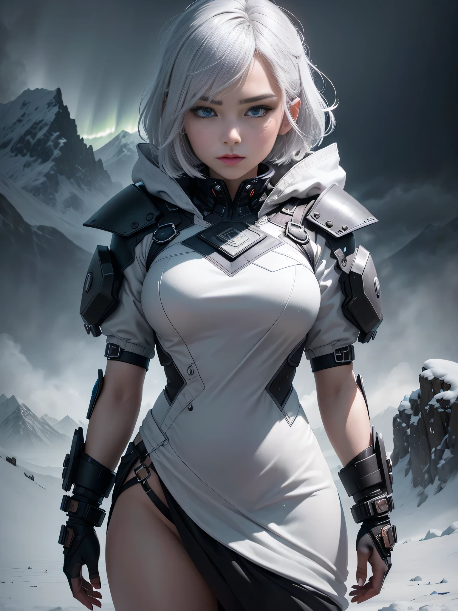sharp focus, close portrait of face, short hair, Model shooting style, (Extremely detailed CG Unity 8K wallpaper),cyberpunk characters [Foggy Snow Mountain Landscape，Snow Mountain] Immerse yourself in the beautiful aurora，Living in the clouds of the starry sky，Behind the clouds，（Double contact：1.3），
(The transparent and ethereal face of the girl blends into the aurora，Snow Mountain superimposes multiple elements and integrates the picture，
photography：Brandon Woelfelmist，surreal dreamscape，Gray vibe，Rainy Day，That&#39;s it，Right of use，HDR，Surrealist art fantasy style，Epic digital fantasy art style，Beautiful sci-fi art, Sci-fi digital art illustration,Sci-fi digital painting, futuristic digital painting, futuristic concept art, Sci-fi Snow Mountain landscape front, Sci-fi digital art, Dreamy transparent ethereal girl portrait
dramatic sky, dramatic lighting, dynamic pose. seductive expression.