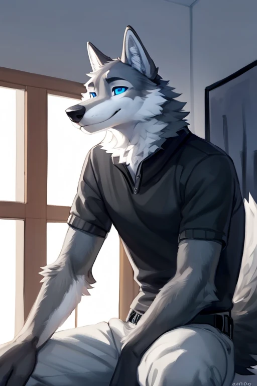 ((Danny a anthropomorphic black, grey, and white male wolf Danny a black, white, and grey anthropomorphic male wolf with blue eyes in the art studio sitting in a chair doing a pose waiting for somebody to draw him )) , looking at viewer,a little to the side, fur,solo, cartoon, (highly detailed illustration:1.2), best quality, masterpiece, solo, tail, torso, , s, , Danny a anthropomorphic black, grey, and white male wolf, at the viewer with a very romantic look and pose, big chest , day, , sensual, detailed, uploaded to e621, beautiful and detailed portrait of an anthropomorphic , (((male))) uploaded to e621, zaush, foxovh, movie lighting, thicc, alone, detailed, 8k res, hires, detailed eyes, good anatomy, good perspective, towards viewer, by bebebebebe, by sicklyhypnos, by gerkk, by orf, nice hands, perfect hands, happy, romantic, ray tracing lighting, rtx on, By Bebebebebe, by SpiritD, by KOBITOWANI, b est quality, masterpiece, perfect anatomy, detai led picture)), 1femboy, , sexy body, fluffy tail, shy, horny, romantic, up close, wearing not a single bit of clothing, huge thighs,, huge.