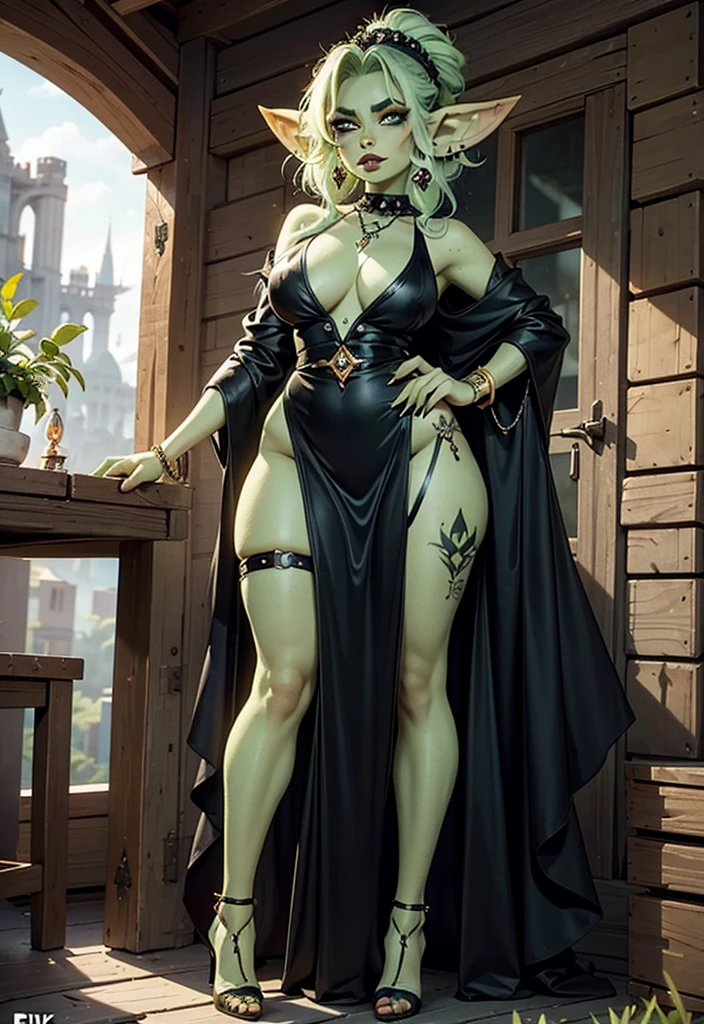 UHD 8k, HDR+, cartoon women with green face and white hair, green skin, goblin girl, DnD character, female goblin portrait, green skin, fantasy goblin Drak, green orc woman, goblin art, D&D goblin rogue, goblin theme, goblin, goblin woman with necklace, big piercing eyes, huge earrings, giant earrings, blonde hair, earrings, lips, eyelashes, tattoo, heavy makeup, piercings, ear piercings, jewelry, gold bracelets on which she holds her hands , tight black gothic dress, black high heels heels, high heels, legs, full color illustration, epic full color illustration, 16k, FHD