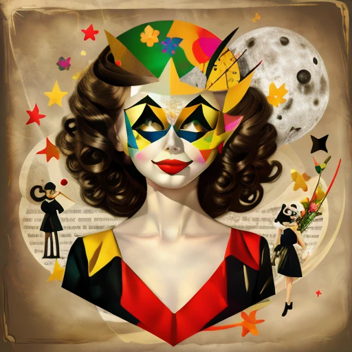 drawing gold leaf vintage retro collage CORALINE BUTTON EYE GIRL 60s minimalist surreal GOLD STARS beautiful collage paper cut society6 black white gold engraving black background minimalistPaper doll vintage clown harlequin !!!esao andrews!!!, clown girl, margaret keane style, goth clown girl, inspired by Esao Andrews, benjamin lacombe, mime, by Margaret Keane, art deco flower shaman, style of esao andrews, girl with a flower face, by Randy Vargas, inspired by Margaret Keane
