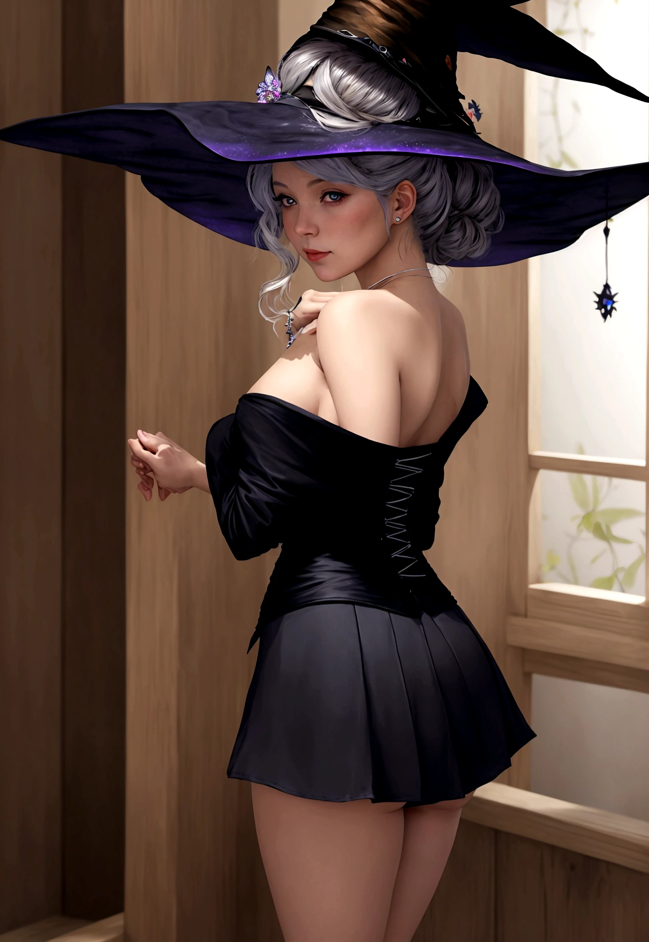 (), big fit ass ,(work of art), best qualityer, extremely detaild, (water colour), blossom, Delicate and gorgeous, illustration, (from low),(1 witch:1.4), (alone:1.2), seios big fit asss, neckleace (pulmonary disease :1.3), sample shoulder, (super short skirt:1.2), bared shoulders, (below the chest), gorgeous eyes, (disheveled hair ), fot, over shoulder shot, proffesional, Spitz, bokeh, Studio quality, Fish-eye lens,