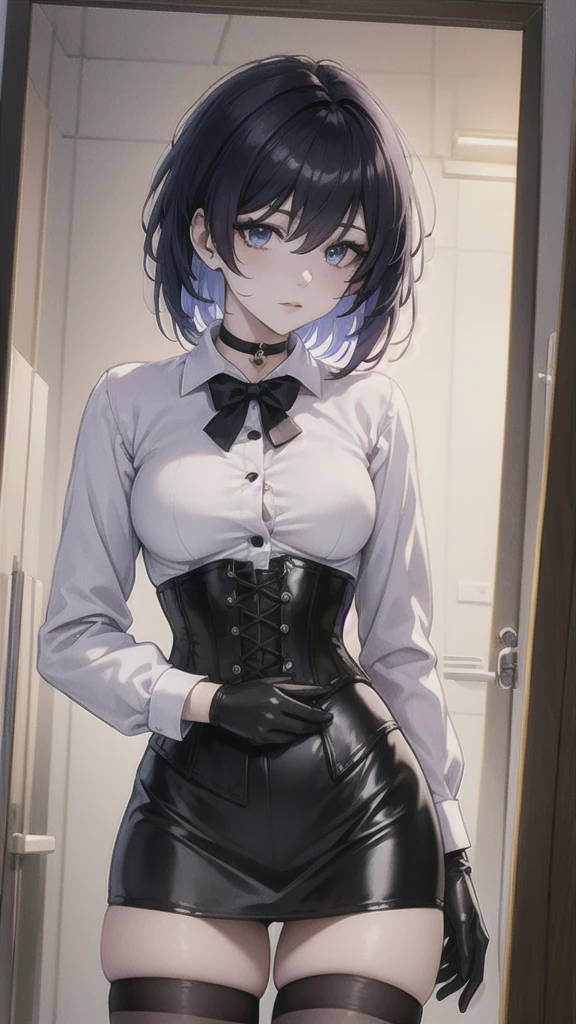 Masterpiece, Beautiful art, professional artist, 8k, Very detailed face, Detailed clothing, detailed fabric, 1 girl, Soul Fullness \(Honkai Impact 3rd\), front view, standing, perfectly drawn body, shy expression, pale skin, beautiful face, short dark blue hair, 4k eyes, very detailed eyes, choker:1.6, (white long sleeve button down shirt with white collar), black gloves, gloves that cover hands, (black leather corset), (shiny black tight mini skirt), Sensual Lips, show details in the eyes, looking at the viewer, elegant room, at night