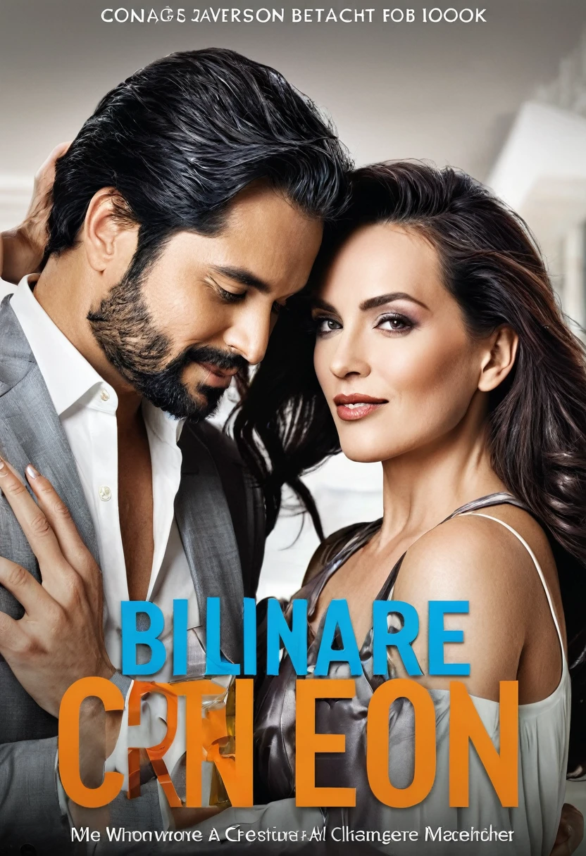 Create a cover for an ebook with a couple of (man and woman) he is a billionaire and she is a writer.