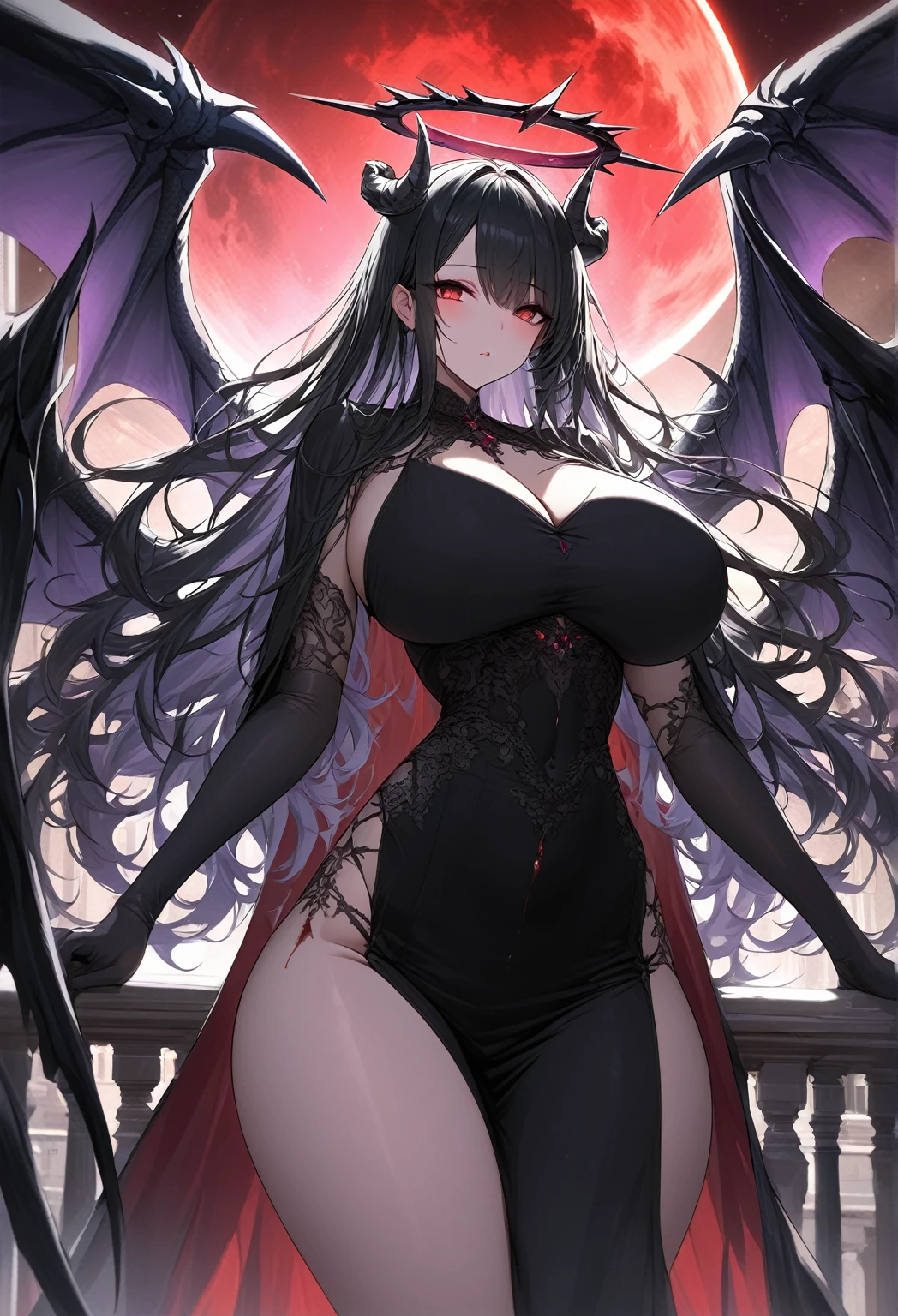 Masterpiece, Very detailed, ultra-detailed, One, female goddess, Beautiful woman, Beautiful woman - pleasant skin, long black hair and side parting, bloody red eyes, with demonic black horns with a red tint, Huge and long wings of a black dragon with purple veins., and a black dress with a blood-red cape, with huge breasts, a lush and soft body, with a halo of mystery around her, and she is on a luxurious and beautiful balcony against the background of a large red moon
