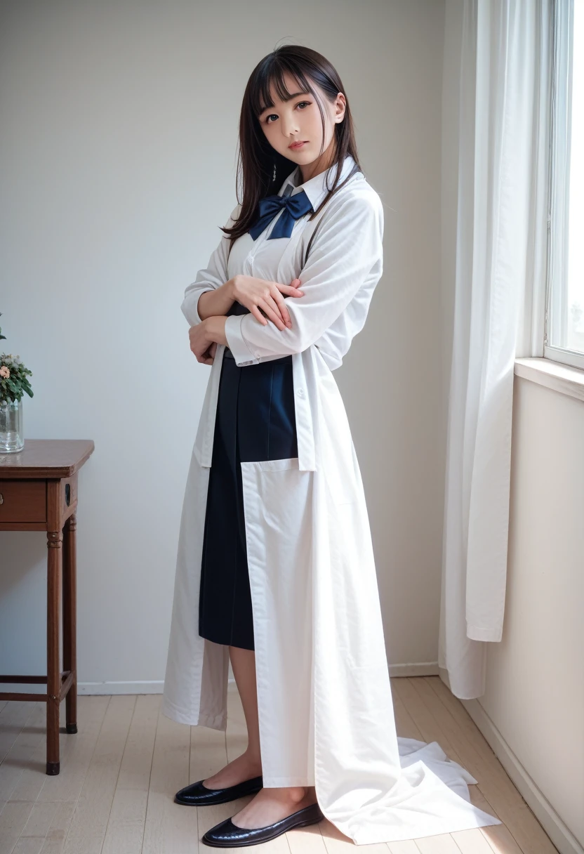 8k, raw photo, best quality, masterpiece, realistic, photo realistic, clear, professional lighting, beautiful face, best quality,ultra high res, realistic japanese beautiful, Super detailed, 1girl,full body, untied, ribbon
