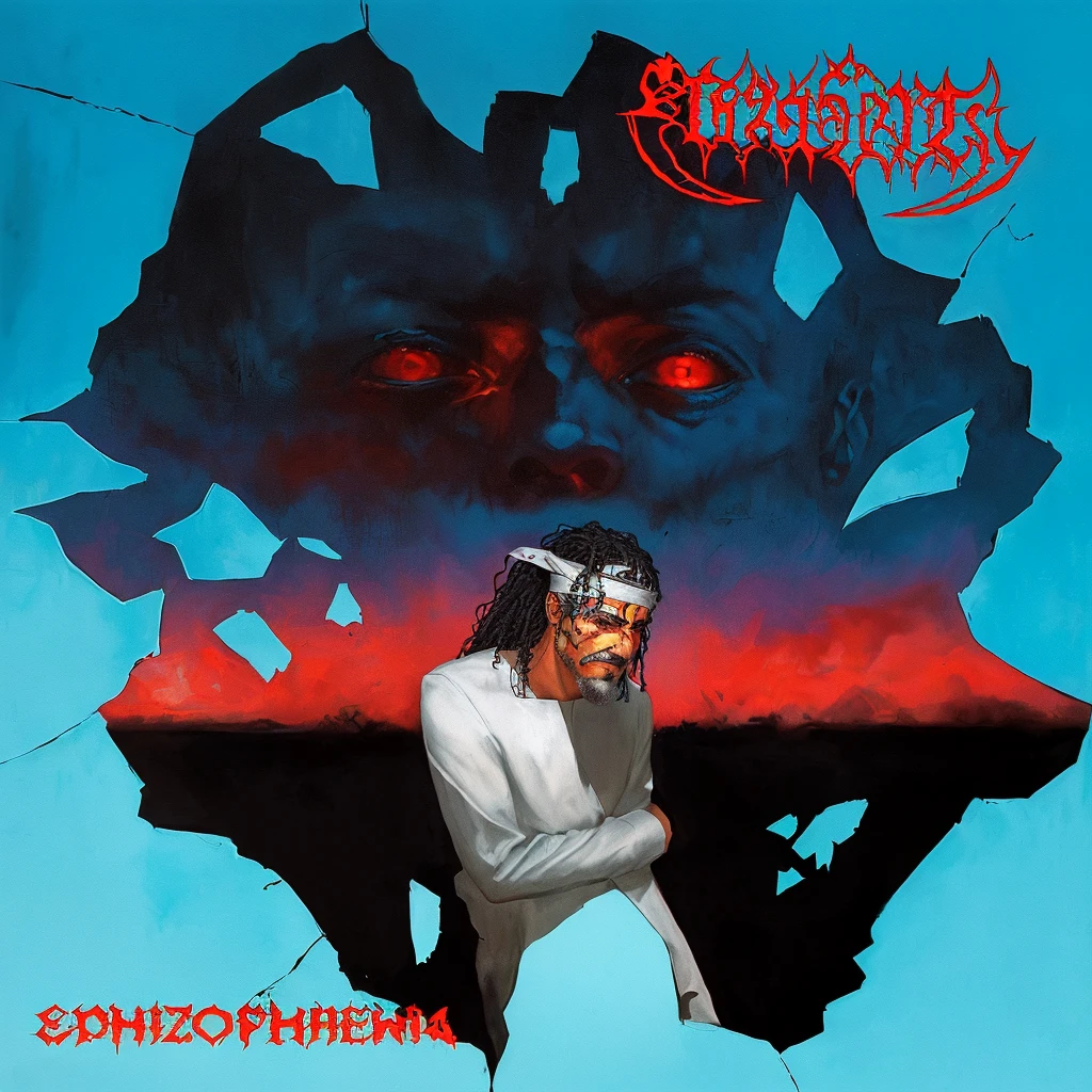 arafed image of a man with a headband on his head, schizophrenia, schizophrenic, schizophrenic hallucination, dark schizophrenia portrait, death metal album cover, submecanophobia, gehenna, 1 9 8 0's heavy metal album art, detailed cover artwork, album art, packshot, cover art, alternate album cover, metal album cover