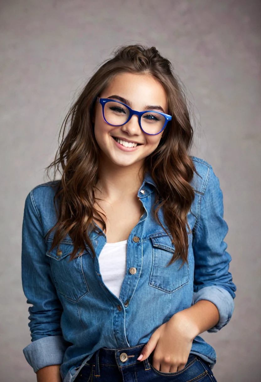Realistic sexy young teen outfit smileling looking at camera glasses 