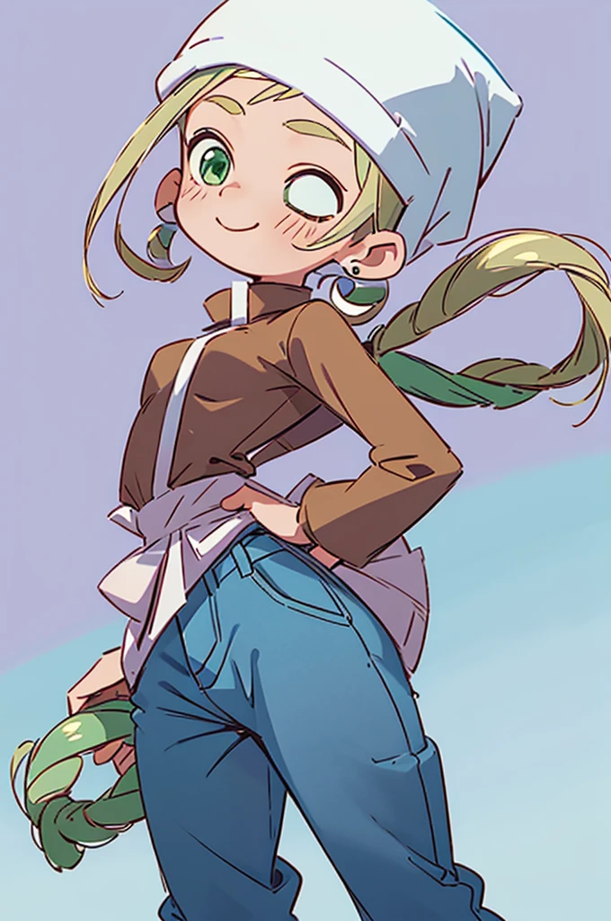 masterpiece, best quality, simple background, Ojamajo Doremi style, ojaskmmkcs, standing, tall, smile, wink, one eye closed, adult, medium breasts, heavy winter brown jacket, gray shirt, blue jean pants, winter hat, green eyes, blush, energetic pose, hands behind back