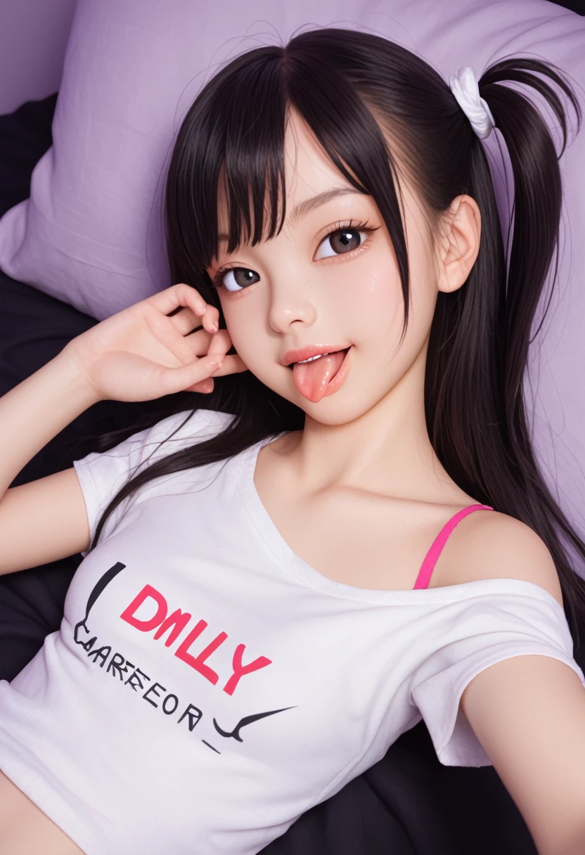pastel colors t-shirt,off-shoulder look,bare shoulder,ollarbone,midriff peek,string panties,(open mouth:1.5),(tongue out:2),lying,Selfie,overhead shot,front view,upper body,(1girl,Beautiful 14 year old girl),((Slender,Small breasts,Small face,)),(looking at viewer),Black Hair,bangs,one side up,Beautiful and detailed,(Dimly lit room:1.5),Simple Background,White bed,pillow,Mischievous smile
