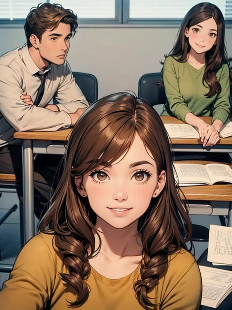 Comics of a brown-haired girl with olive skin, looking at a boy with brown hair and brown eyes sitting at the school desk with a smile on his face