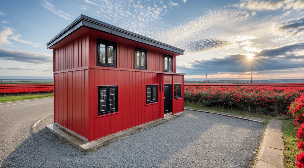 PLATFORM KTHOUSE,  1 industry black house,, Many beautiful red flowers along the road:1.1, romantic, beautyful light, beautyfulday, sunny, lovely youthful feeling :1.2, sunlight at 12 noon, Very beautiful shadows, 