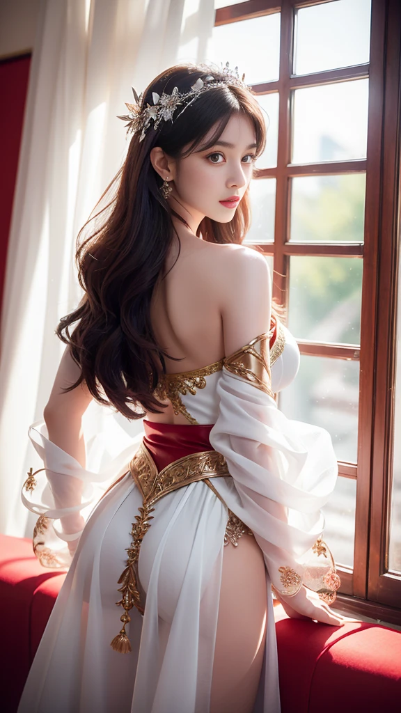 4K, UHD, masterpeice, 1 girl, petfect body, good face, very long hair, ((white skin)), fairytale fantasy outfit, red coutfit, bare waist, fujicolor, window, depth of field, ray tracing, ultra realistic detailes,