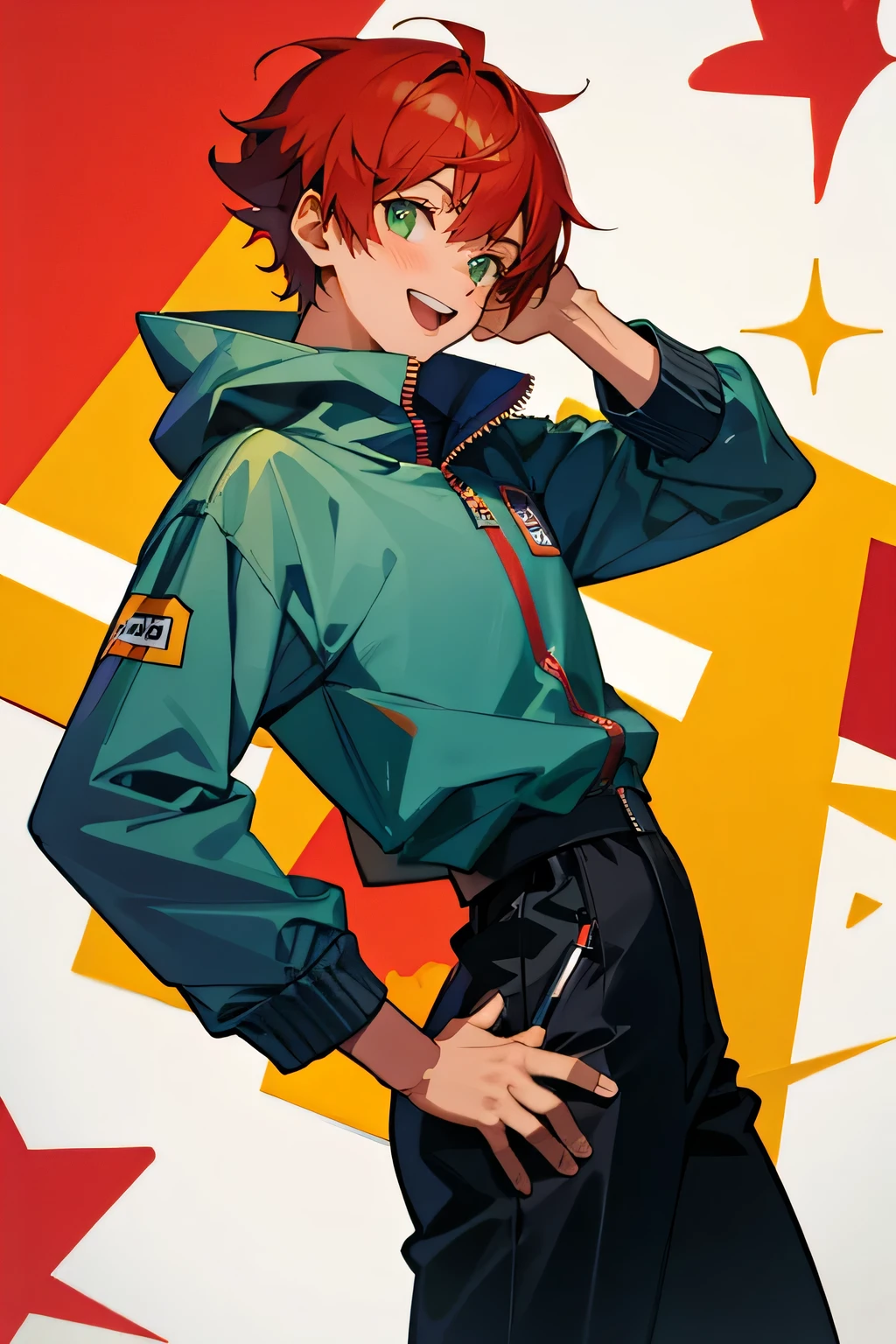 (masterpiece), ((sfw)), best quality, expressive eyes, perfect face, , (1girl,, young adult, handsome girl, longer face, flat body), solo, red hair messy short Wolf cut hair, green eyes BREAK (tanned skin, tanned male), cowboy shot, smile, grin, hoddie with racing car jacket on top BREAK black pants BREAK standing, :D, smile, boy looking, longer face 