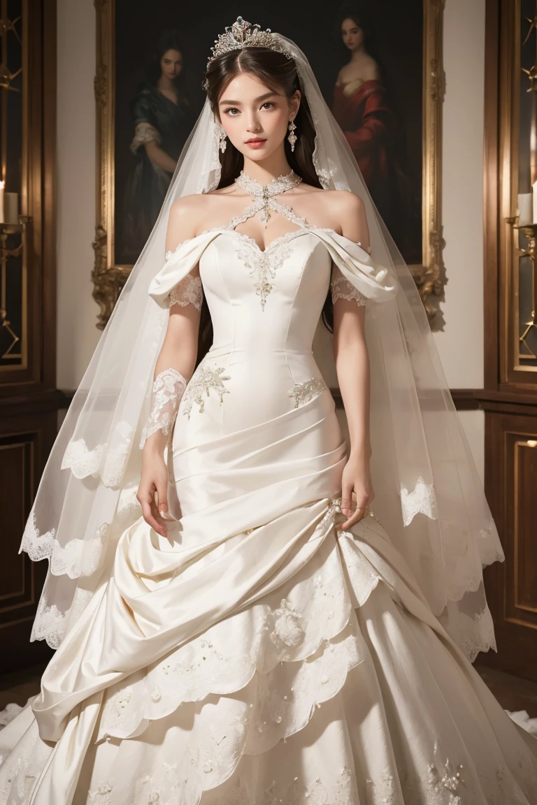 (masterpiece, best quality:1.5), ((Extremely detailed wedding dress)),(（Complete wedding dress）)（Wedding dress with a one-shoulder neckline and an A-line hem） high resolution, 16K, The most beautiful face in the world, Very detailed and beautiful face and eyes, Glowing skin, Delicate fabric texture, Perfect anatomical structure, rest, (Beauty incarnate:1.3), (Beautiful goddess:1.3), (Beautiful and charming princess:1.3), Perfect makeup, Deeply in love, Full of elegance. (whole body:1.5), (Garment View)