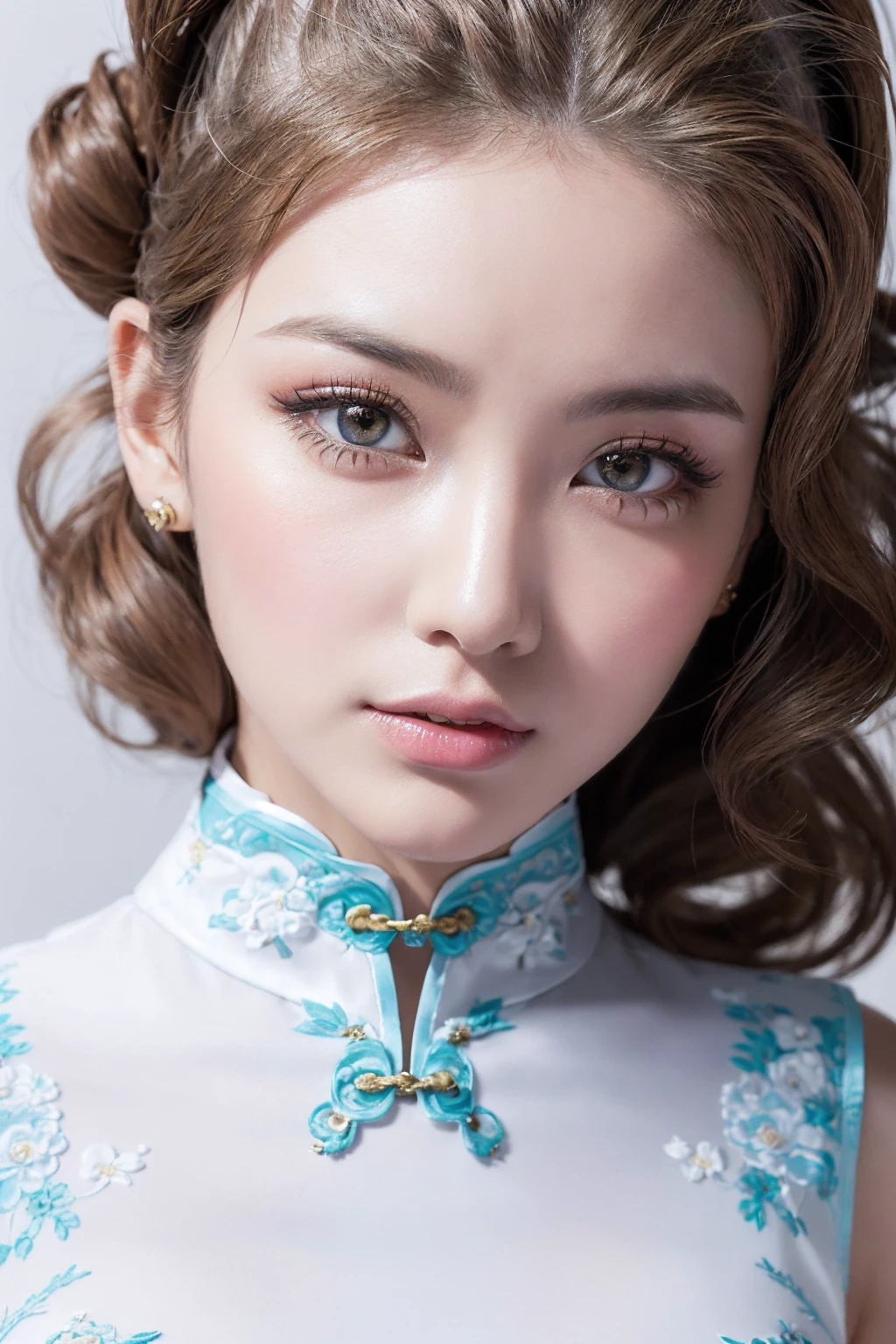 (absurd quality,16k,highres,masterpiece:1.2), ultra details,UHD,(photorealistic Realism 16K Quality), (1woman:1.3 22-year-old), (super quality details, realistic texture: skin, hair), (the most absurd quality perfect eyes), ((natural super beautiful cute sharp-face)), (light pale complexion), ((clear no blur and sharp perfect round realistic brown_eyes:1.35), finely detailed pupils, detailed lips:1.3, BREAK, ((Fujicolor、daytime soft lighting)、fashion supermodel、((curly heban hair (slicked to the two side) Intricately detailed:1.35)), BREAK, (pink_makeup:1.25), BREAK, ((Classic and sexy ((white)) cheongsam)、Detailed blue decoration:1.3)), BREAK, (Fitted clothing:1.3)、dynamic pose、((close-up of her face:1.35)), (no decorations in the hair), (dark shot:1.2),