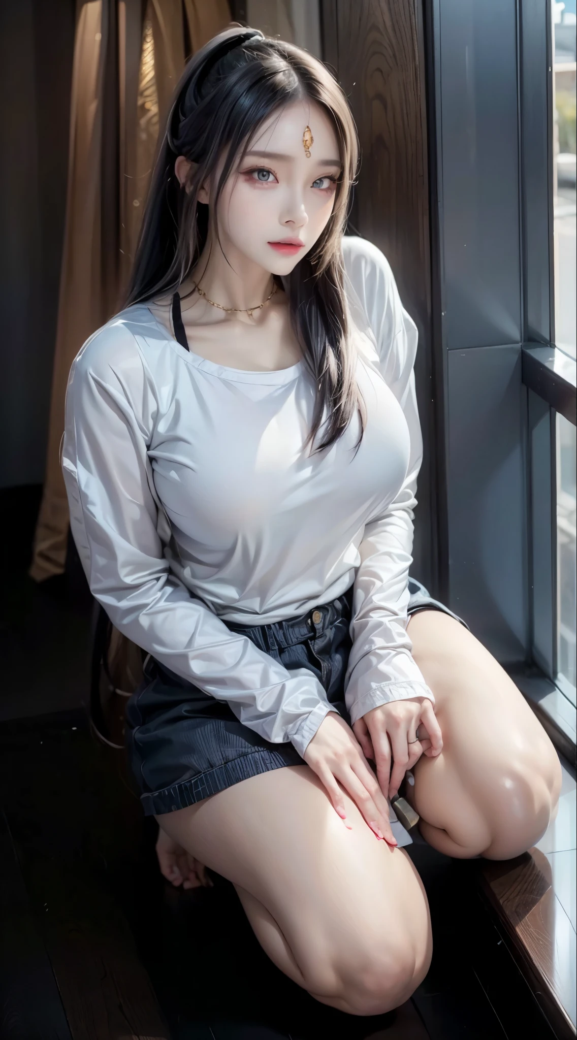 realistic, 1 women, best quality, 12k, HD, long hair, (big round breasts:1.5), cleavage, ponytail, necklace, jewelry, shorts, short jacket, slim hips, hair tie, yellow eyes, black hair, super detailed, Eye details, hair details, person details, mouth details, face details, breast details, clothes details, hair details, pants details, hand details, whole body