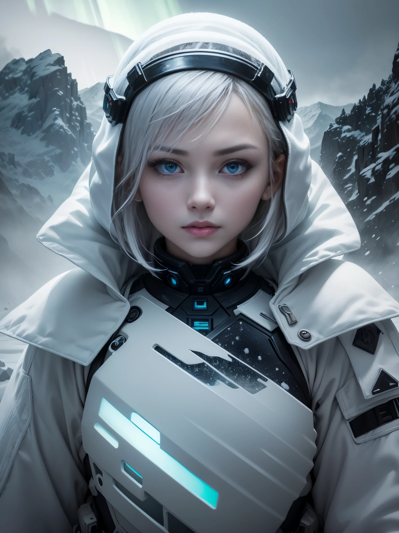 bubble space helmet, holding a future rifle, superpower, electricity, badass, Model shooting style, (Extremely detailed CG Unity 8K wallpaper),cyberpunk characters [Foggy Snow Mountain Landscape，Snow Mountain] Immerse yourself in the beautiful aurora，Living in the clouds of the starry sky，Behind the clouds，（Double contact：1.3），(The transparent and ethereal face of the girl blends into the aurora，Snow Mountain superimposes multiple elements and integrates the picture，photography：Brandon Woelfelmist，surreal dreamscape，Gray vibe，Rainy Day，That&#39;s it，Right of use，HDR，Surrealist art fantasy style，Epic digital fantasy art style，Beautiful sci-fi art, Sci-fi digital art illustration,Sci-fi digital painting, futuristic digital painting, futuristic concept art, Sci-fi Snow Mountain landscape front, Sci-fi digital art, Dreamy transparent ethereal girl portrait,