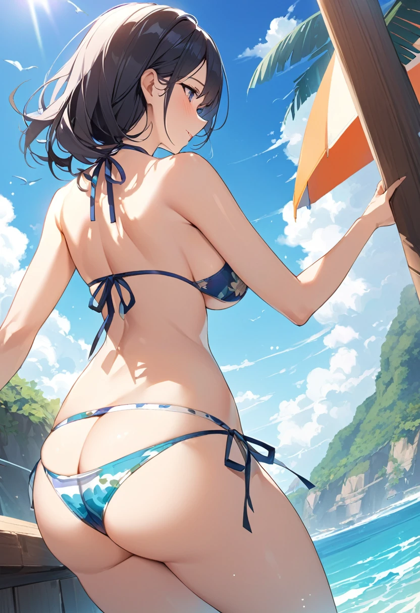 summer、Ocean、blue sky、beautiful girl、bikini、sexy、Low angle、Large Breasts、Black Hair、Back view、Hip Focus