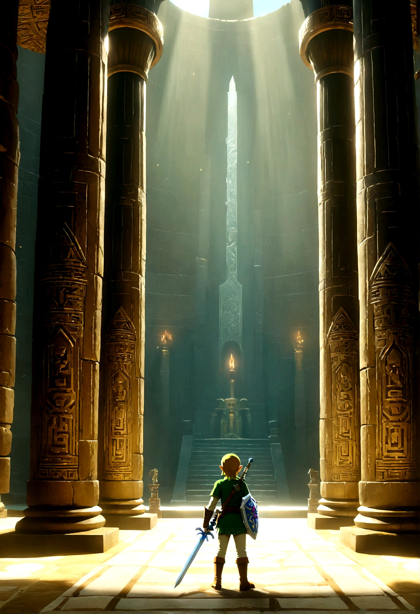 (The Legend of Zelda), Brave Link, forest, by James R. Eads, Georges Seurat Style, full body, (Photography), panoramic view, award-winning, cinematic still, emotional, vignette, dynamic, vivid, (masterpiece, best quality, Professional, perfect composition, very aesthetic, absurdres, ultra-detailed, intricate details:1.3)
