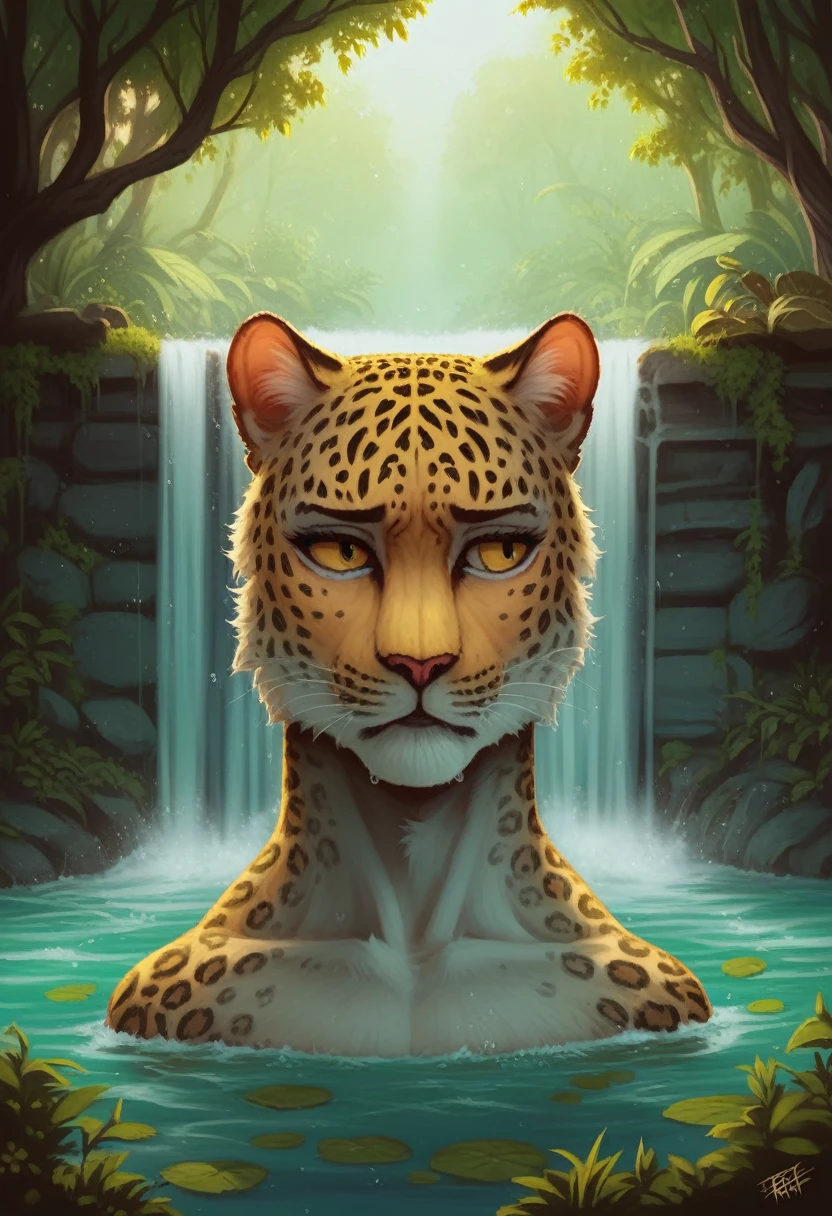 maozonia indigenous girl, 18 years old, bathing in a river, in the middle of the forest, a jaguar watching from afar, sad, Clockpunk, Gamercore, street level view, Blender rendering, 100mm, Sculpture, iridescent colors, Medicalcore, strobe lighting, ultra realistic, photorealistic, octane render, unreal engine, hyper detailed, volumetric lighting, hdr, octane render, fantasy 4k 8K