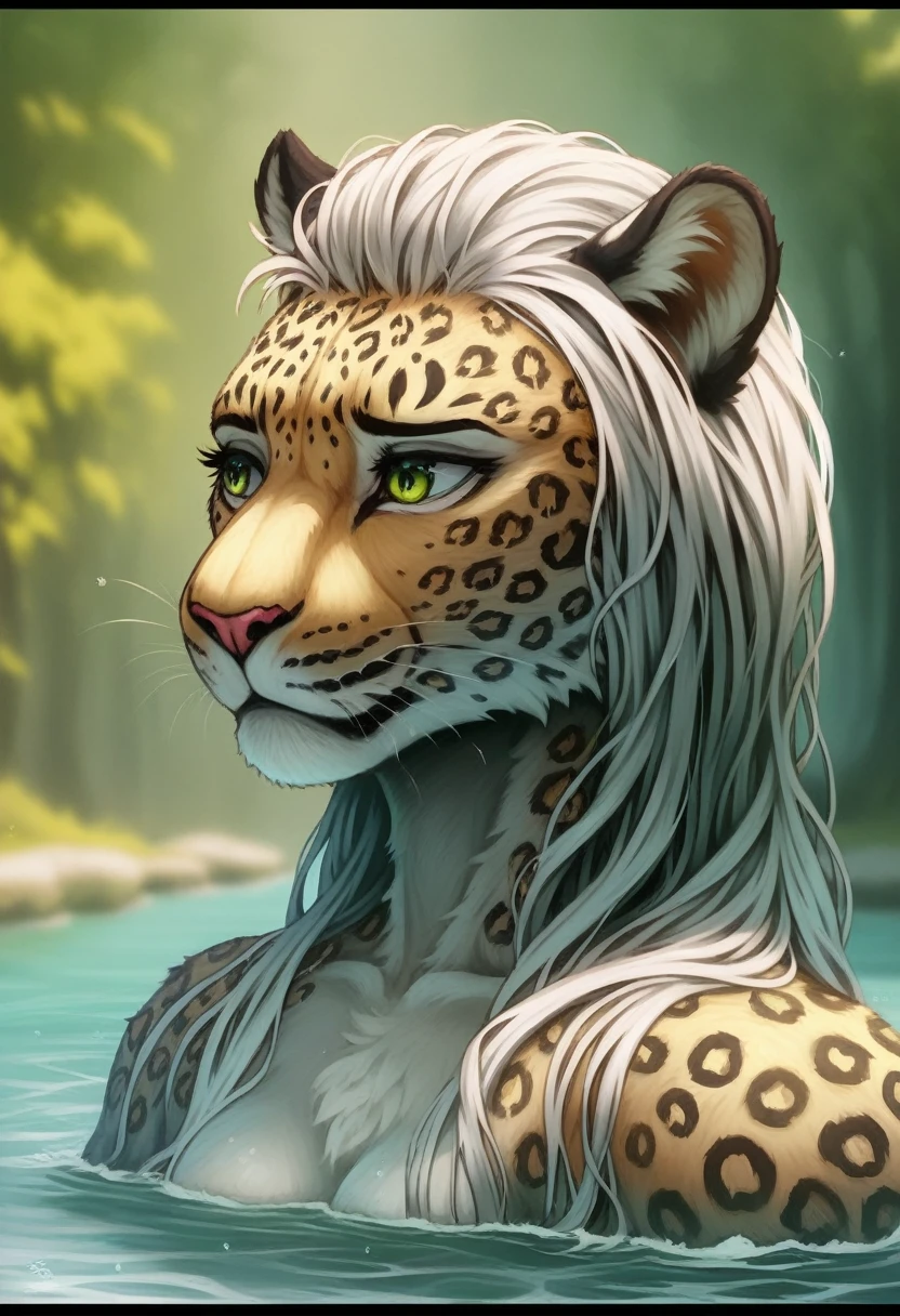 maozonia indigenous girl, 18 years old, bathing in a river, in the middle of the forest, a jaguar watching from afar, sad, Clockpunk, Gamercore, street level view, Blender rendering, 100mm, Sculpture, iridescent colors, Medicalcore, strobe lighting, ultra realistic, photorealistic, octane render, unreal engine, hyper detailed, volumetric lighting, hdr, octane render, fantasy 4k 8K