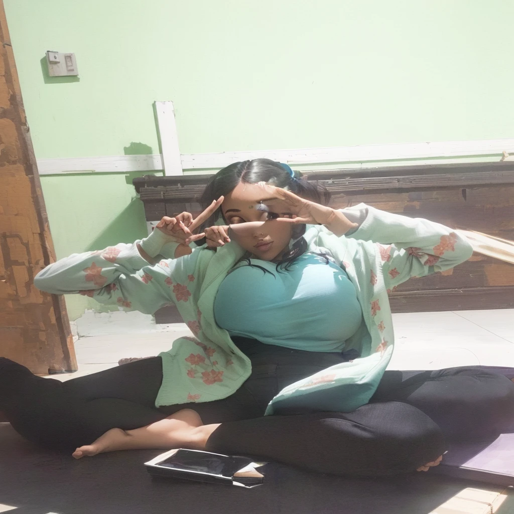 woman sitting on the floor with her hands in the air, cool pose, peacefull, anjali mudra, with a cool pose, shooting pose, peace sign, satisfied pose, armfold pose!, in a fighting pose, an artistic pose, with fingers, doing a sassy pose, in an action pose, inspired by Yi Insang, dang my linh, big bobs, big breast, bobs, BOBS,