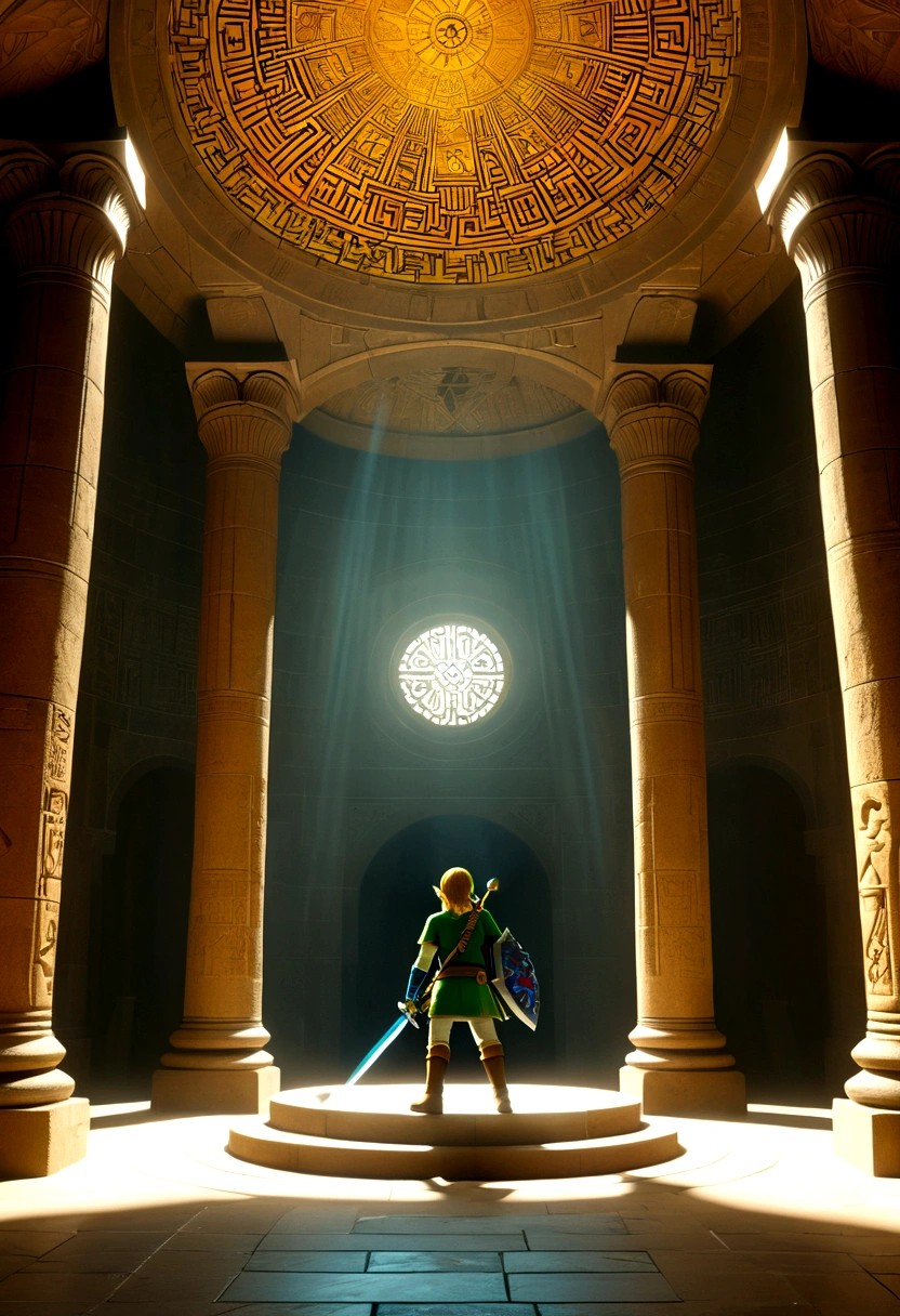 (The Legend of Zelda), Brave Link, forest, by James R. Eads, Georges Seurat Style, full body, (Photography), panoramic view, award-winning, cinematic still, emotional, vignette, dynamic, vivid, (masterpiece, best quality, Professional, perfect composition, very aesthetic, absurdres, ultra-detailed, intricate details:1.3)