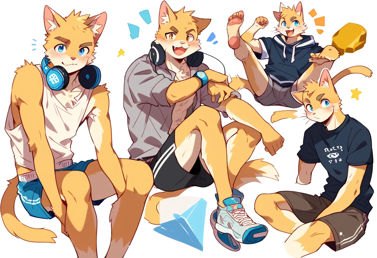 score_9, score_8_up, score_7_up, male, furry, high quality, hires, anthro, teenager, 16 years old, domestic cat, bright yellow fur, blue eyes, wide brown eyebrows, an excited expression, humanoid feet, slim body, prominent v-line, prominent abs, prominent legs, prominent forearm, prominent knees, white background, treasure trail, armpit hair, furry legs, in various sexy poses, headphones, casual clothes, joggers, shorts, showing off, sitting, patting his legs