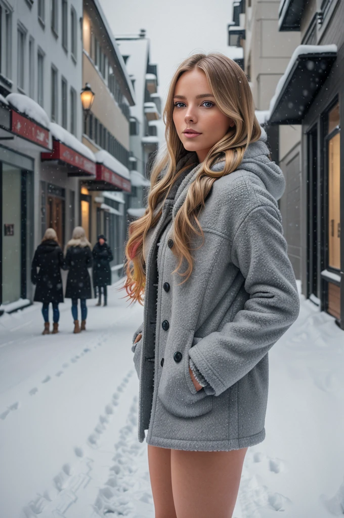 professional portrait photograph of a gorgeous Norwegian girl in winter clothing with long wavy blonde hair, sultry flirty look, gorgeous symmetrical face, cute natural makeup, wearing elegant warm winter fashion clothing, ((standing outside in snowy city street)), stunning modern urban environment, ultra realistic, concept art, elegant, highly detailed, intricate, sharp focus, depth of field, f/1. 8, 85mm, medium shot, mid shot, (((professionally color graded))), bright soft diffused light, (volumetric fog), trending on instagram, hdr 4k, 8k