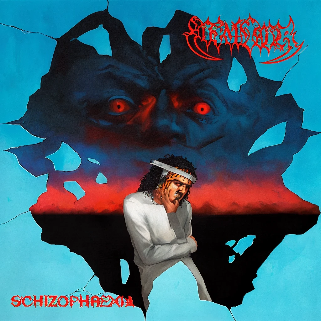 arafed image of a man with a headband on his head, schizophrenia, schizophrenic, schizophrenic hallucination, dark schizophrenia portrait, death metal album cover, submecanophobia, gehenna, 1 9 8 0's heavy metal album art, detailed cover artwork, album art, packshot, cover art, alternate album cover, metal album cover